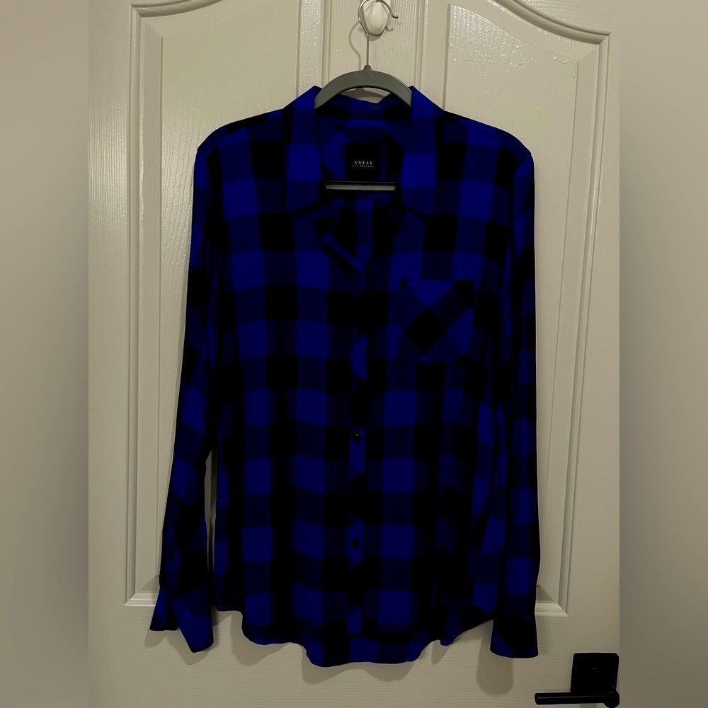 L Guess Indigo/Black Checkered Long Sleeve Button Down